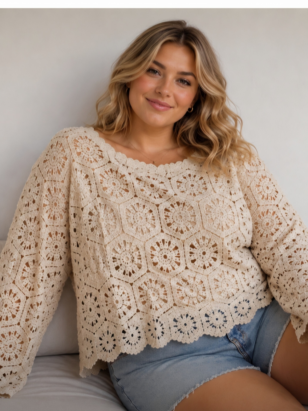 Ultra Pink Crochet Lace Scallop Hem Pullover Sweater - Cream. Size XL
